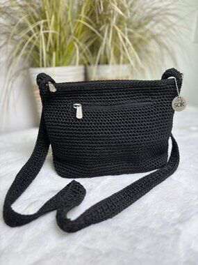 The Sak Black Crochet Knit Crossbody Purse Shoulder Bag Zip Closure EUC
